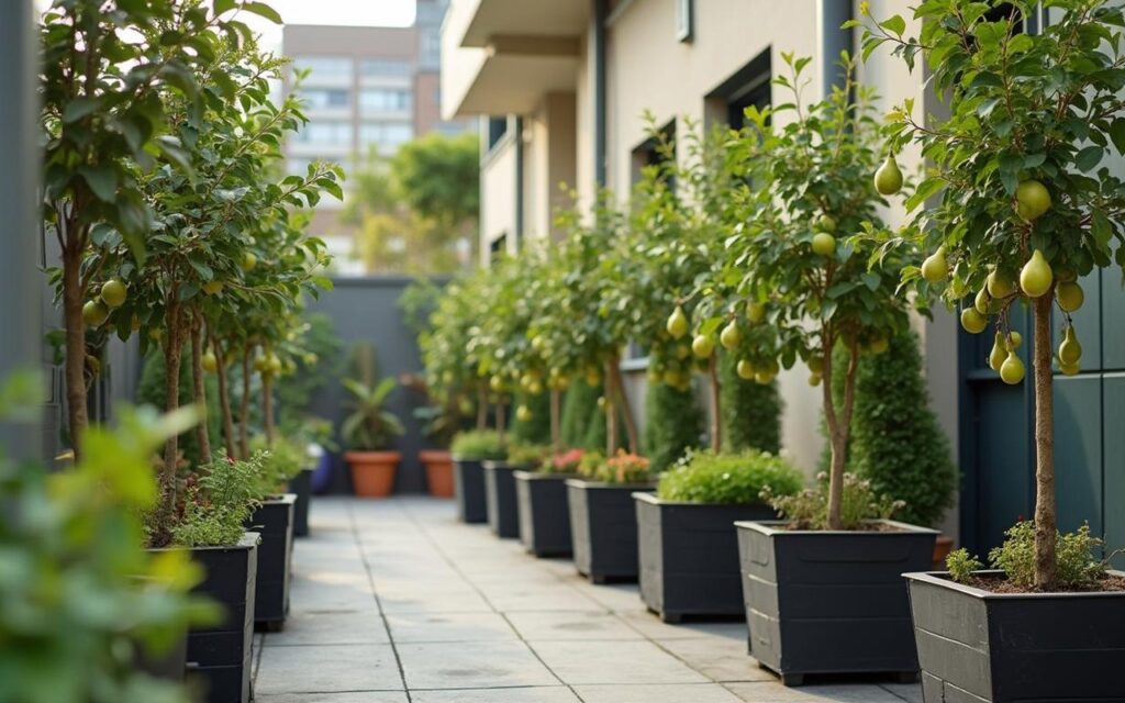 Jardin urbain avec des arbres fruitiers colonnaires en pot sur un balcon.
