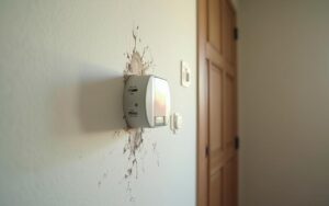 Boîtier anti-humidité électromagnétique installé sur un mur humide dans une maison.