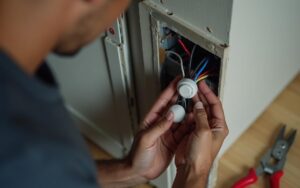 Installation d'un détecteur de mouvement 3 fils par un bricoleur, avec des fils colorés et des outils de sécurité.