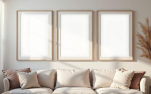 Trois cadres accrochés sur un mur, illustrant des dispositions créatives dans un intérieur chaleureux.