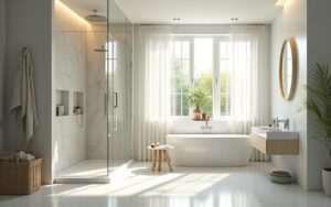 Salle de bain moderne avec fenêtre dans la douche apportant lumière naturelle.