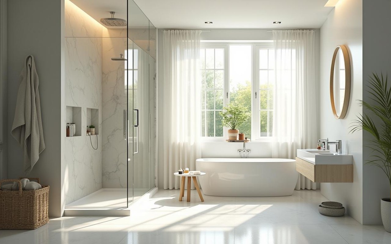 Salle de bain moderne avec fenêtre dans la douche apportant lumière naturelle.