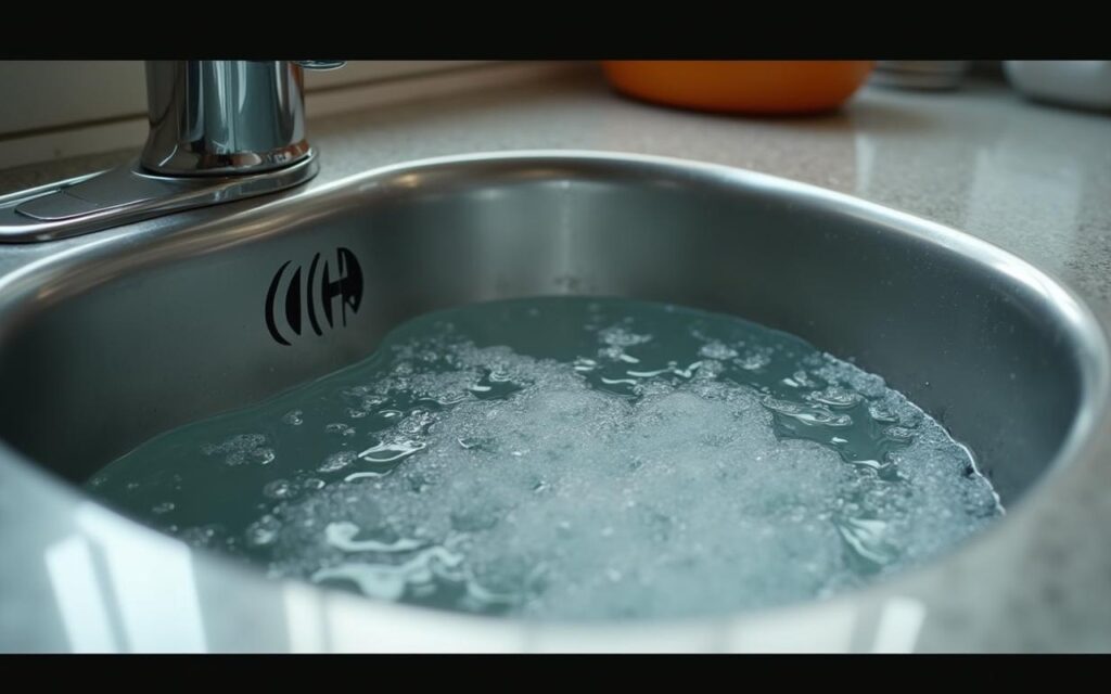 Évier de cuisine avec lave-vaisselle, montrant des bulles d'air dans l'eau.