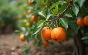 Mandarinier en croissance avec des fruits en formation dans un jardin.