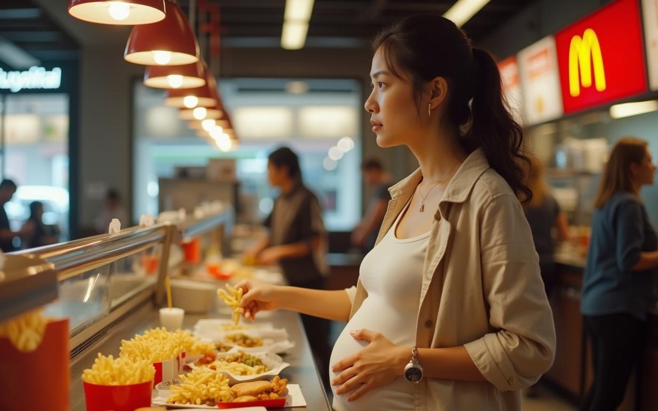 Femme enceinte choisissant un repas chez McDonald's avec prudence.