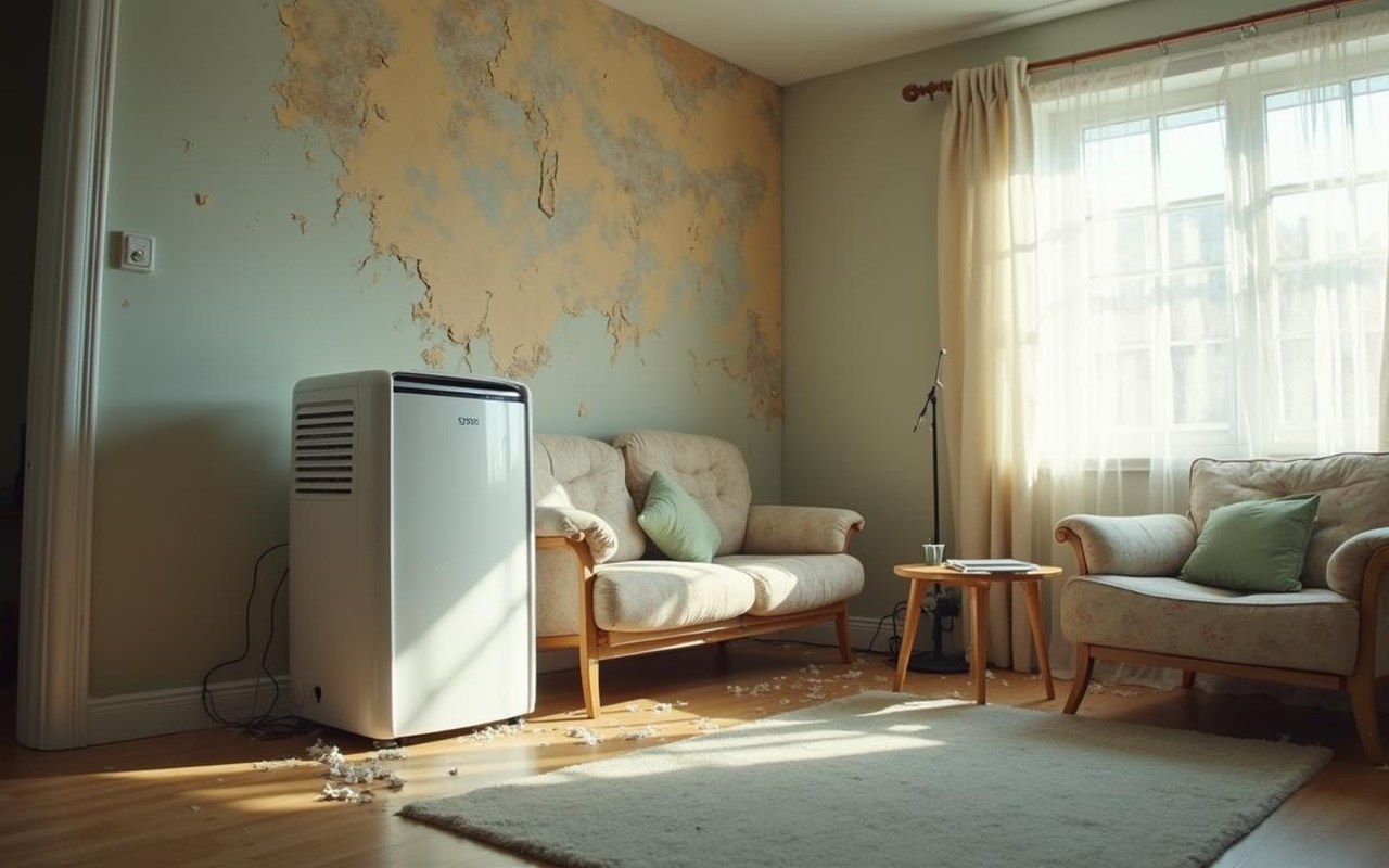 Chambre avec signes d'humidité élevée et déshumidificateur en fonctionnement.