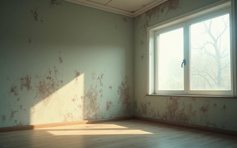 Dégâts d'humidité dans une maison avec moisissures et fenêtres embuées.