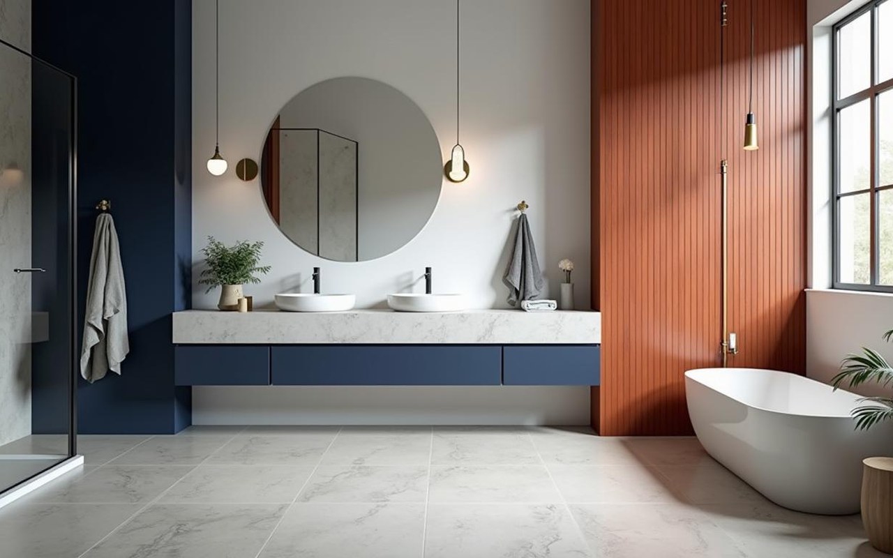 Salle de bain moderne avec bleu marine, blanc et terracotta, illustrant la règle des 3 couleurs.