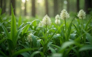 Ail des ours dans un sous-bois avec ses feuilles vert clair et fleurs blanches.