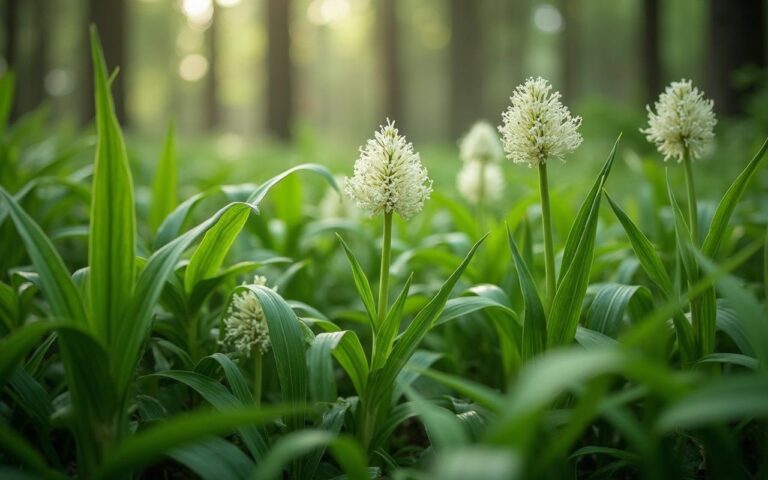 Ail des ours dans un sous-bois avec ses feuilles vert clair et fleurs blanches.