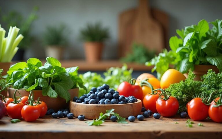 Table de cuisine avec légumes frais et fruits pour une santé rénale optimale.