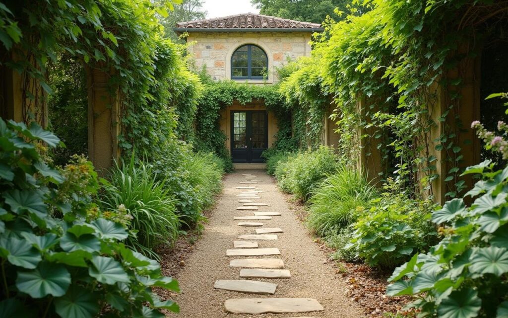 Jardin paysager en Périgord avec plantes locales et aménagement durable