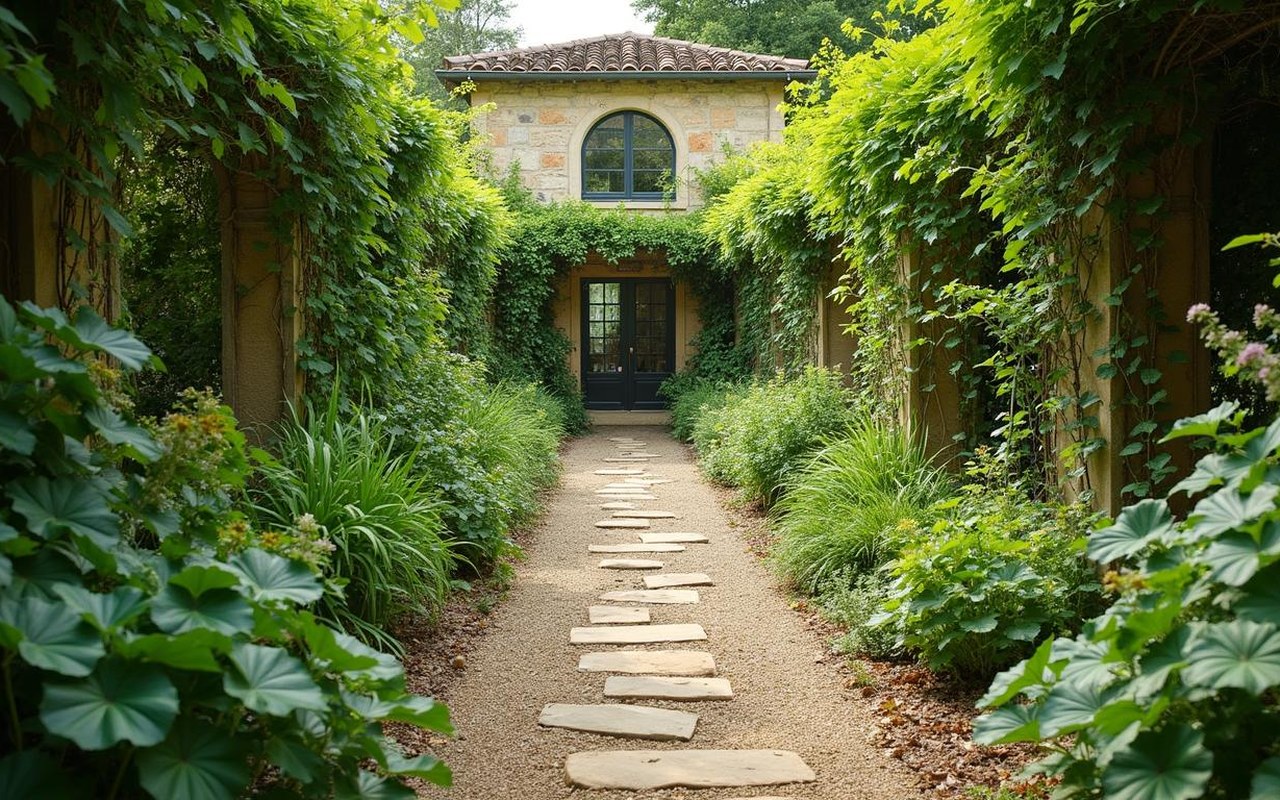 Jardin paysager en Périgord avec plantes locales et aménagement durable
