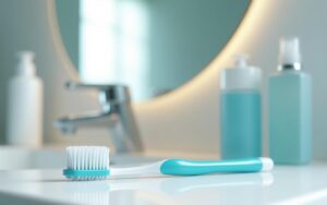 Brosse à dents en U sur un plan de travail en salle de bain avec des produits d'hygiène dentaire.