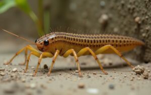 Scutigère véloce se déplaçant dans son habitat naturel, mettant en valeur ses longues pattes.
