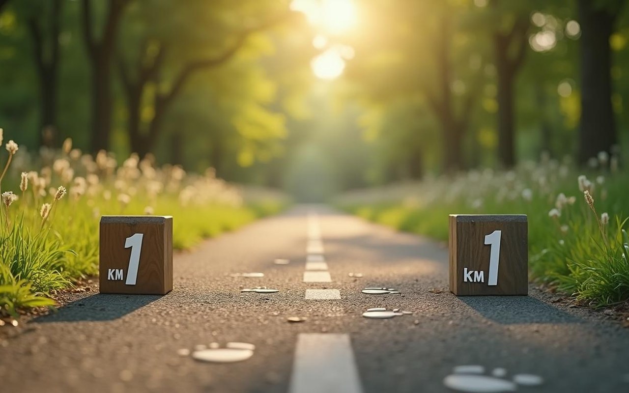 Un chemin de promenade avec des marqueurs de distance et des pas visibles au sol.