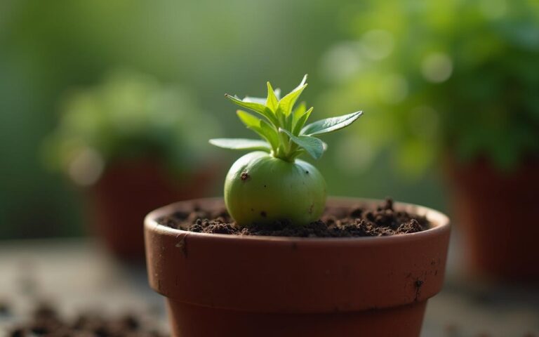 Pot de christophine germée prêt à être planté avec terreau.