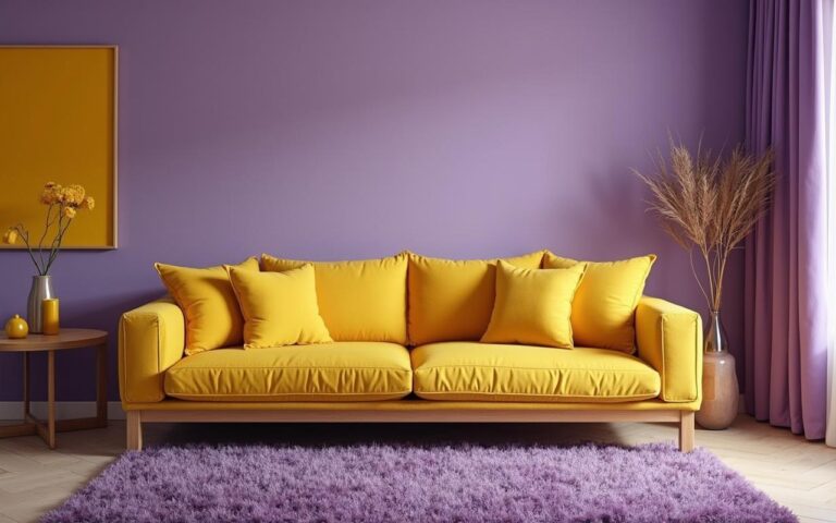 Décoration intérieure avec des couleurs jaune et violet en harmonie