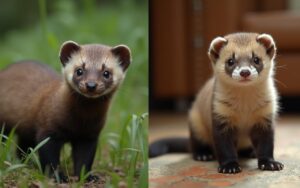 Comparaison entre une fouine sauvage et un furet domestique dans leurs environnements respectifs.