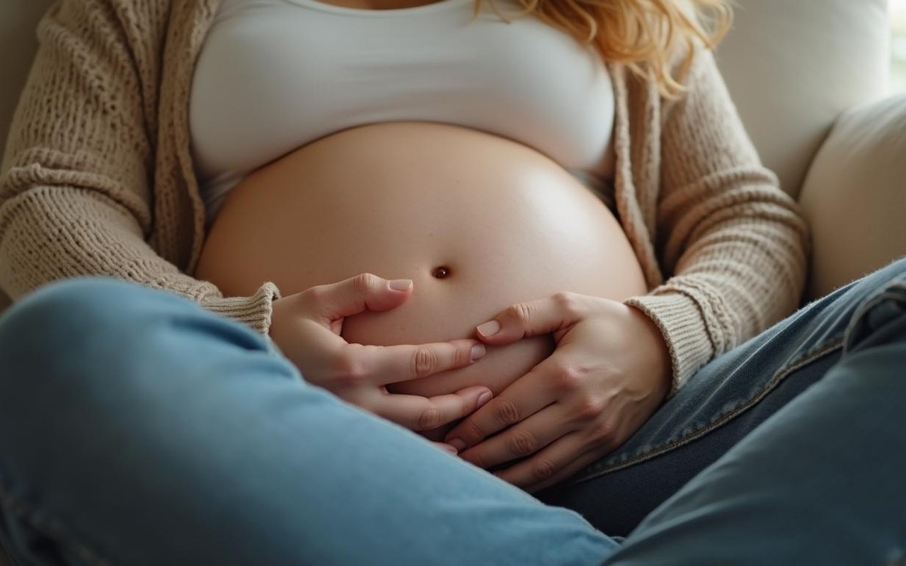 Femme enceinte ressentant des crampes abdominales sur un canapé