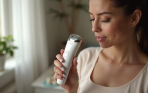 Femme utilisant un épilateur à lumière pulsée Braun dans un cadre moderne et relaxant.