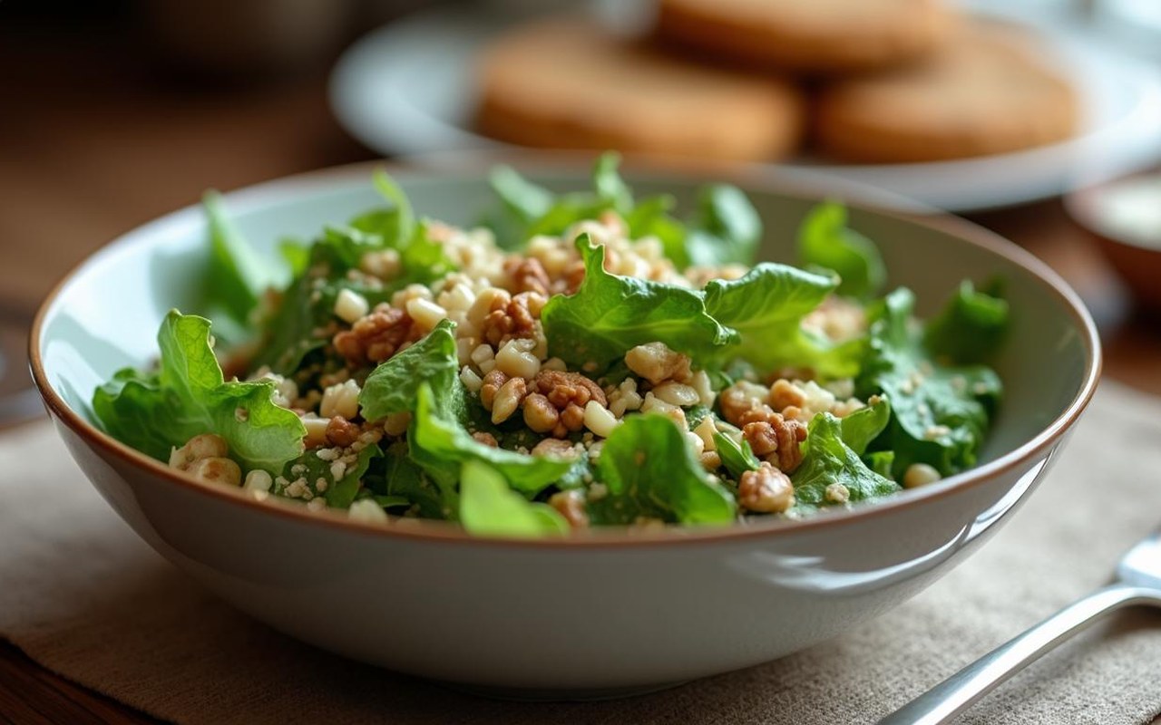 Salade de mâche fraîche avec noix sur une table de dîner chaleureuse.