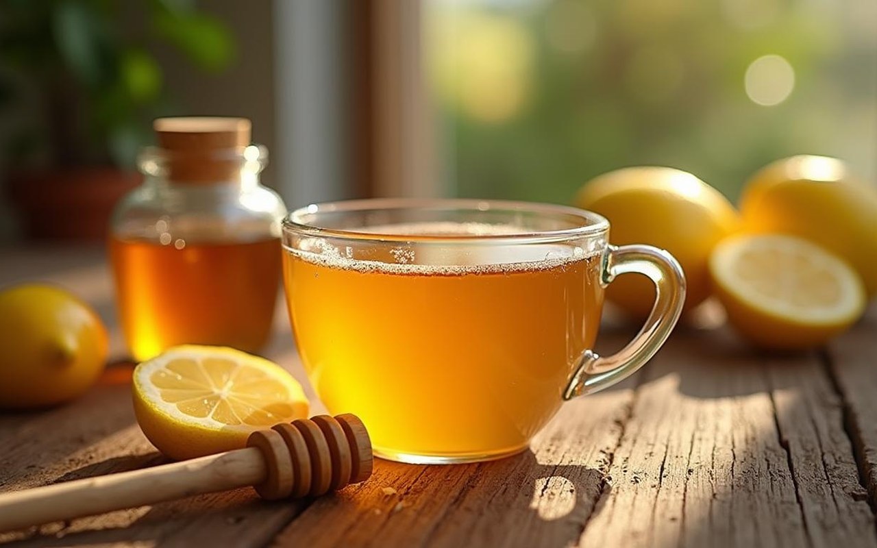 Tasse de boisson miel et citron sur une table en bois avec des tranches de citron.