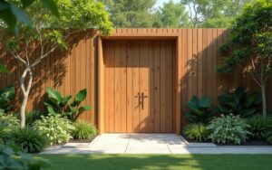 Mur anti-bruit en bois dans un jardin paisible, illustrant la tranquillité retrouvée.