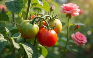 Jardin potager avec tomates et rosiers, illustrant l'utilisation de l'os de seiche comme engrais naturel.