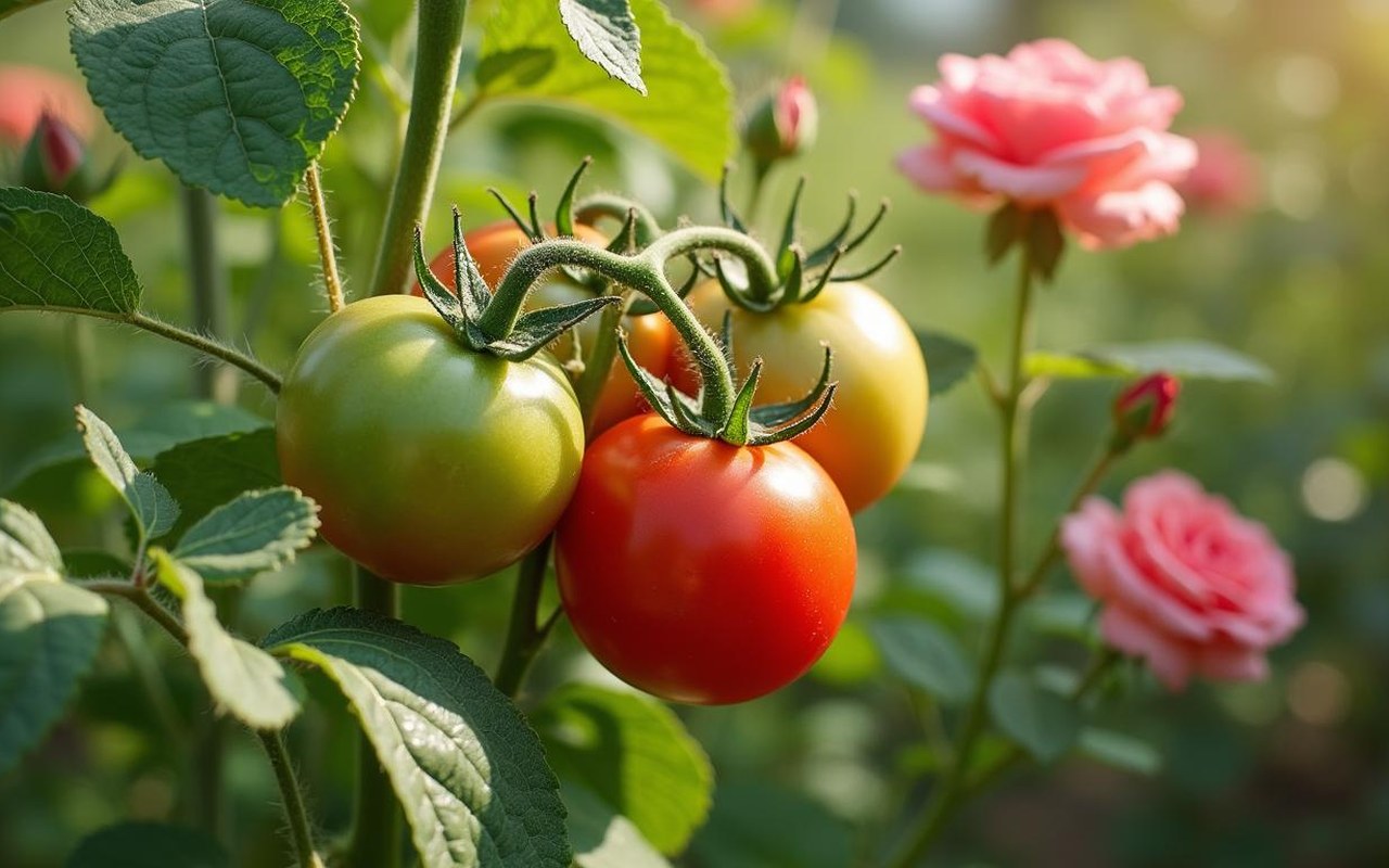 Jardin potager avec tomates et rosiers, illustrant l'utilisation de l'os de seiche comme engrais naturel.
