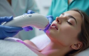 Séance d'épilation à la lumière pulsée dans un cadre clinique, appareil IPL en action.