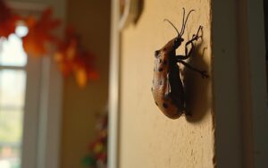 Punaise marron diabolique sur un mur intérieur avec décorations automnales.