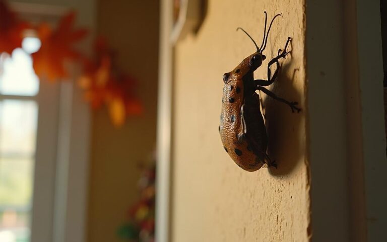 Punaise marron diabolique sur un mur intérieur avec décorations automnales.
