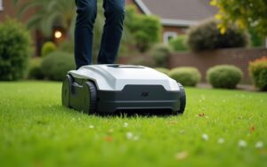 Robot tondeuse Cramer en action dans un jardin moderne, illustrant la technologie GPS RTK.