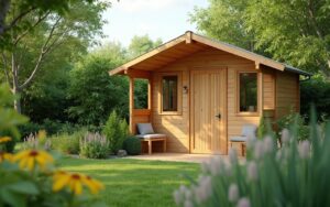 Abri de jardin en bois de moins de 5 m² dans un jardin verdoyant, sans formalités administratives.