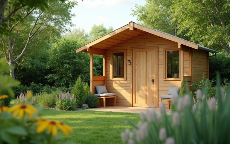Abri de jardin en bois de moins de 5 m² dans un jardin verdoyant, sans formalités administratives.