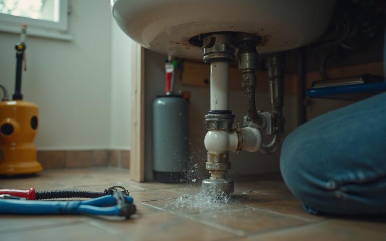 Locataire inspectant une fuite d'eau sous un évier avec des outils de plomberie.