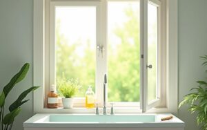 Salle de bain aérée avec plantes et produits naturels pour éliminer l'humidité.