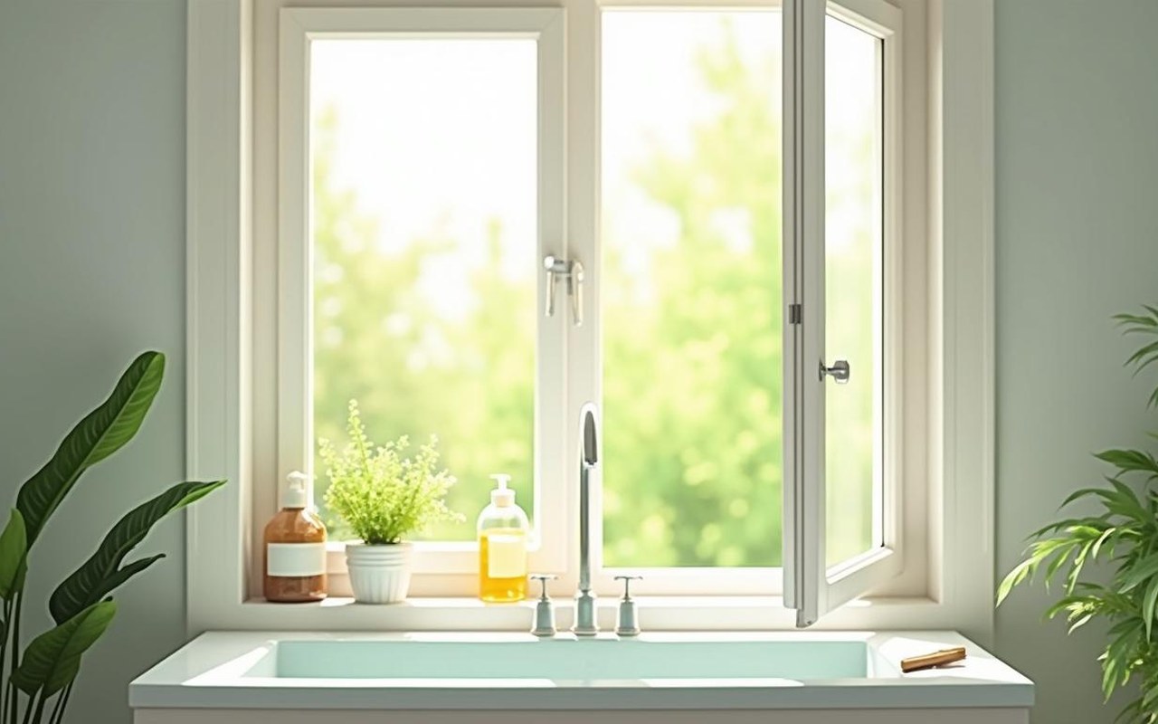 Salle de bain aérée avec plantes et produits naturels pour éliminer l'humidité.