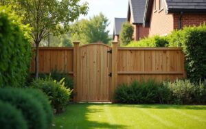Jardin partagé avec clôture en bois respectant la hauteur réglementaire entre voisins.