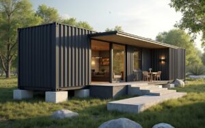 Maison container moderne avec fondations en plots dans un cadre naturel