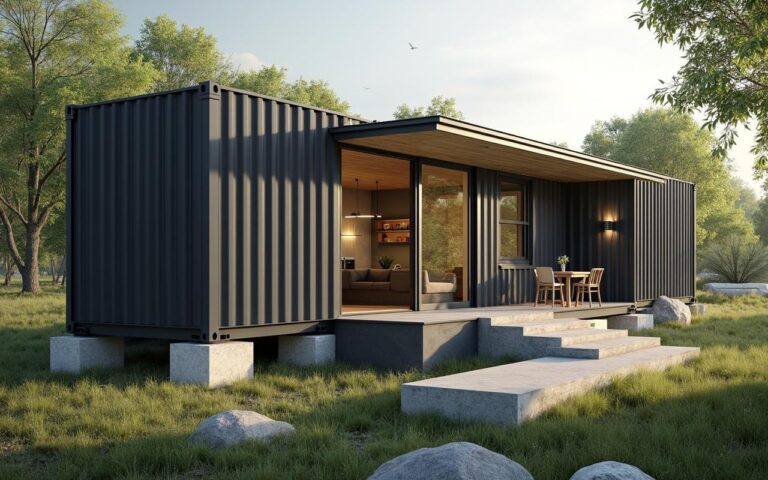 Maison container moderne avec fondations en plots dans un cadre naturel
