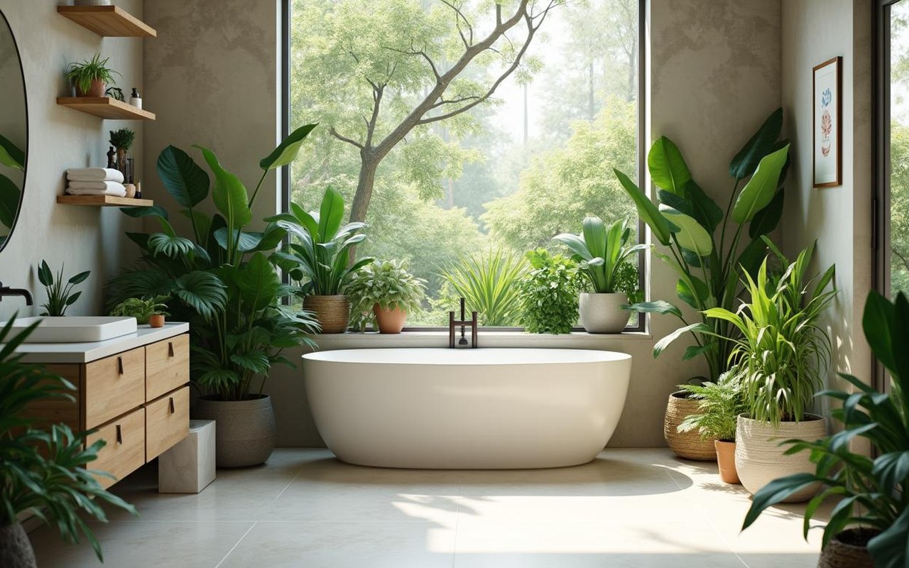 Salle de bain moderne avec des plantes d'ombre luxuriantes pour une ambiance apaisante.