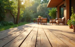 Terrasse en bois de classe 4 entourée de verdure, illustrant le choix durable pour l'extérieur