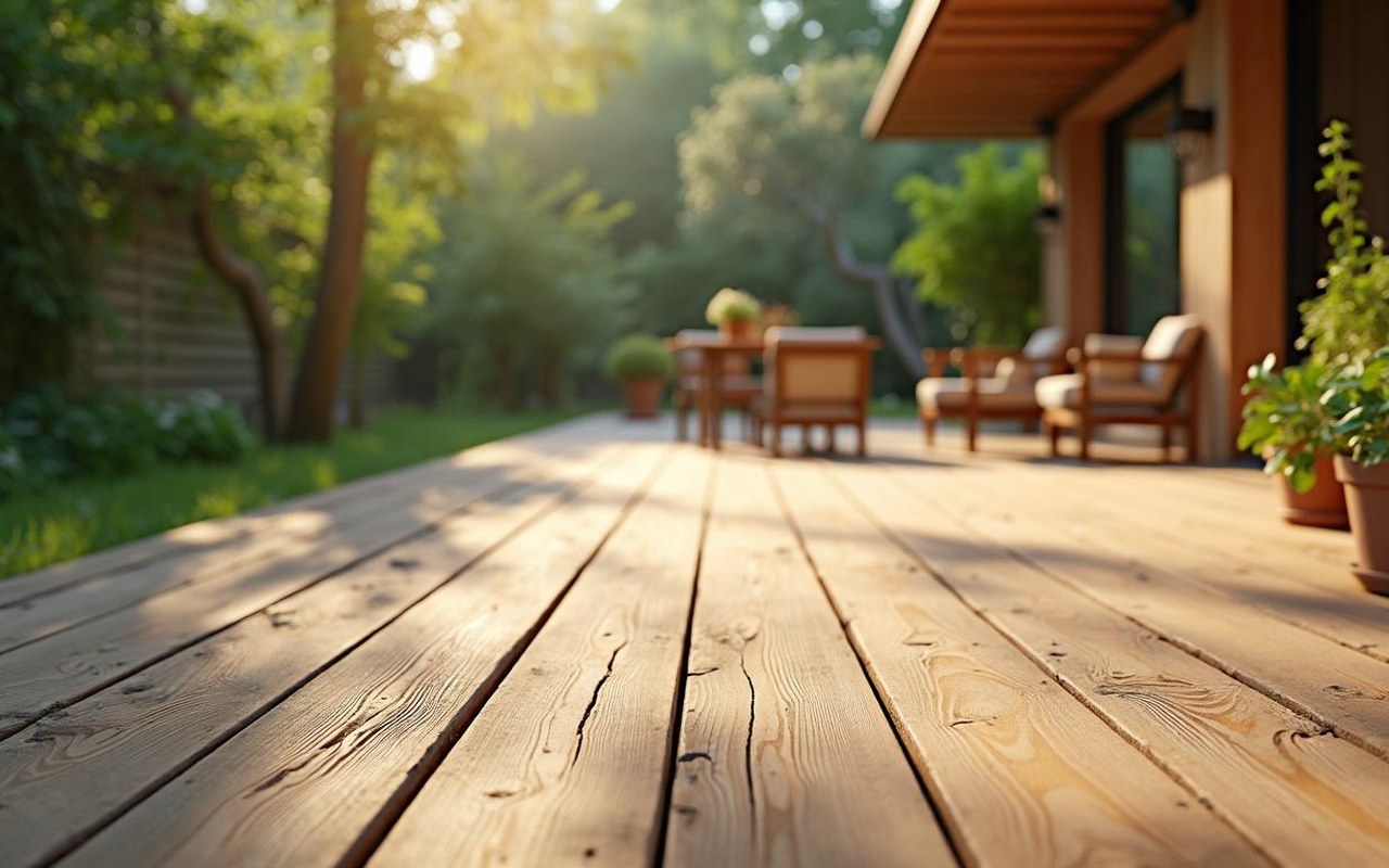 Terrasse en bois de classe 4 entourée de verdure, illustrant le choix durable pour l'extérieur