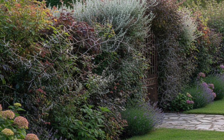 Haie défensive avec plantes piquantes dans un jardin, illustrant leur beauté et fonctionnalité.