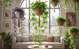 Intérieur moderne avec des plantes suspendues, dont un Pothos doré et un Tradescantia Zebrina.