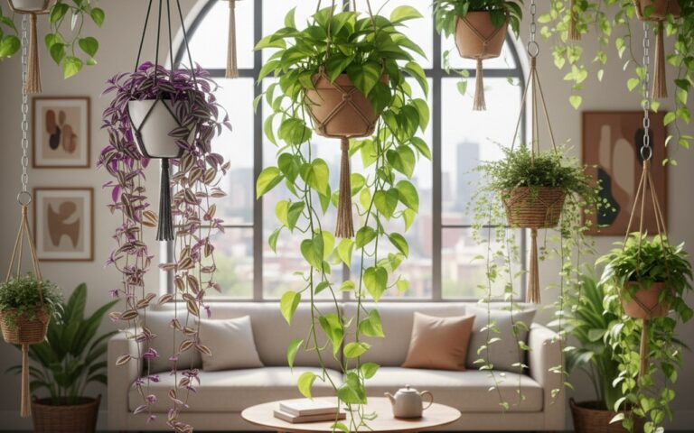 Intérieur moderne avec des plantes suspendues, dont un Pothos doré et un Tradescantia Zebrina.