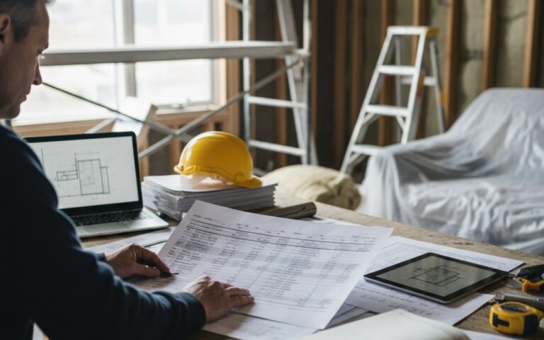 Un professionnel examine un devis de rénovation avec des documents financiers autour.