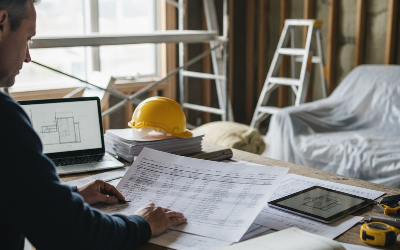 Un professionnel examine un devis de rénovation avec des documents financiers autour.